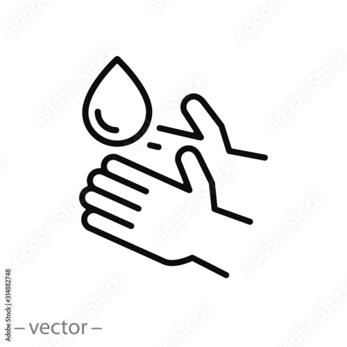 hand gel icon, wash hands, hygiene logo, thin line web symbol on white background - editable stroke vector illustration eps10