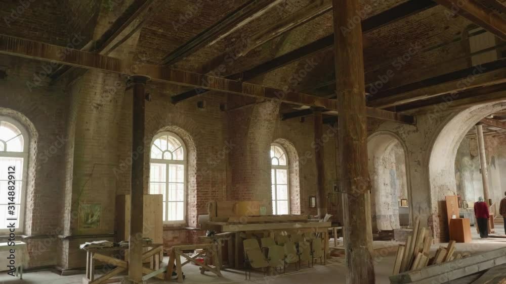 View of inside of old orthodox church in russian ural backcountry. Building during reconstruction. View of inside of old orthodox church in russian ural backcountry. Building during reconstruction.
