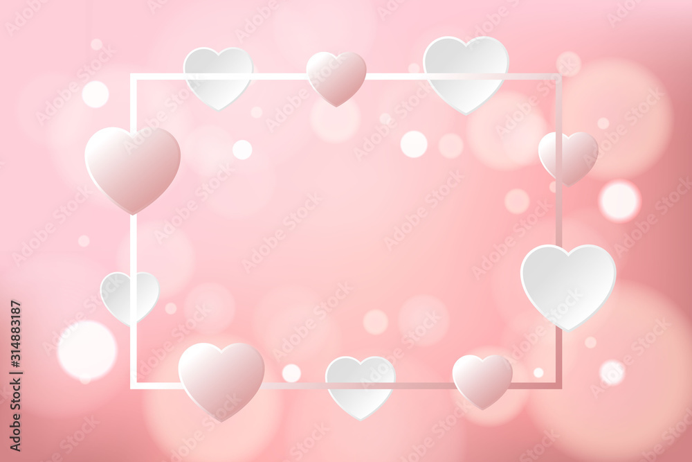 Valentines day banner with frame, hearts and bokeh.