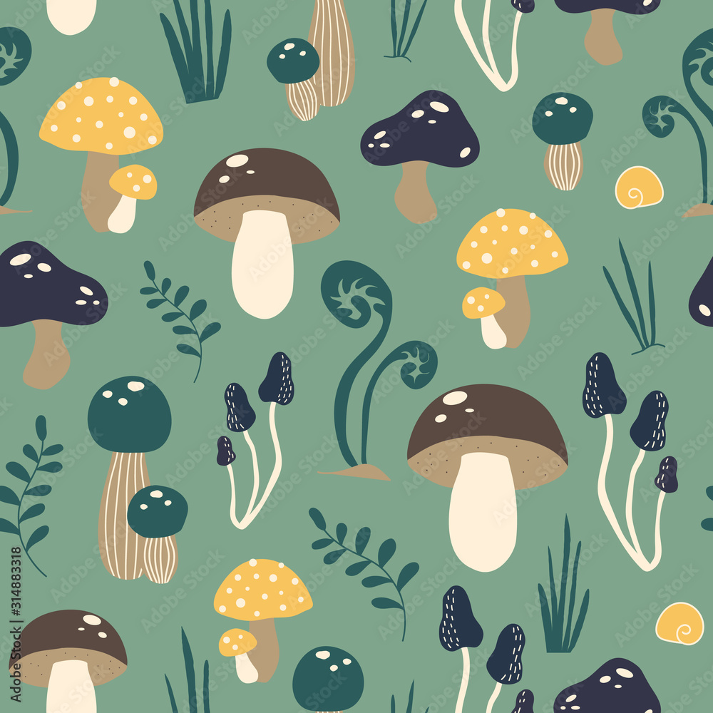 Naklejka premium Cute vector pattern with mushrooms in the forest