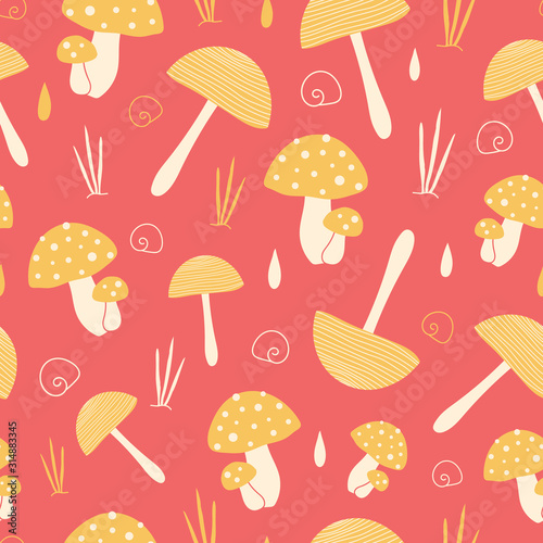 Whimsical red vector pattern with yellow mushrooms