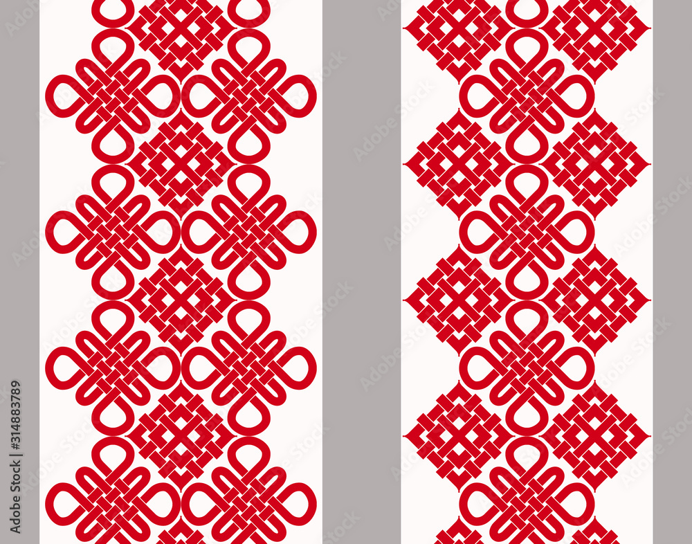 Vertical seamless geometric chinese pattern with red knots and ethnic elements. Vector set of 2. Use for embroidery, braid, tape, ribbon.