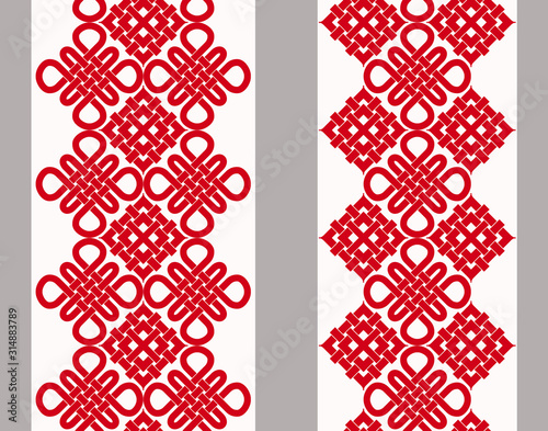 Vertical seamless geometric chinese pattern with red knots and ethnic elements. Vector set of 2. Use for embroidery, braid, tape, ribbon.