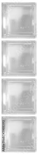 Isolated gray clear see through transparent four square bathroom glass blocks cube with minimal white simple bubble smooth pattern. Use for object and materials. Arrange in vertical panel.