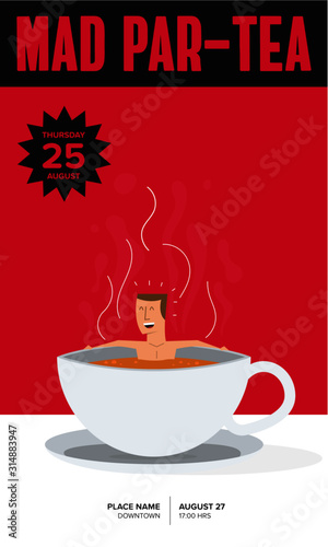 Guy/man taking bath and relaxing in tea cup. Tea Drinking Template Design. Bathing in tea concept.