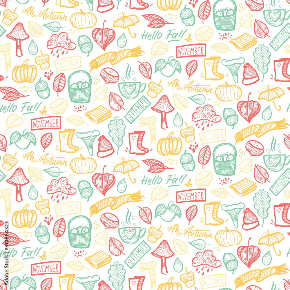 Hand drawn autumn pattern on a white background. Vector illustration.