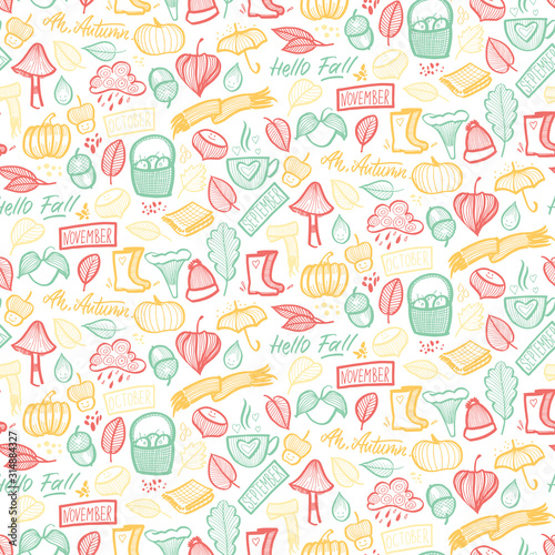 Hand drawn autumn pattern on a white background. Vector illustration.
