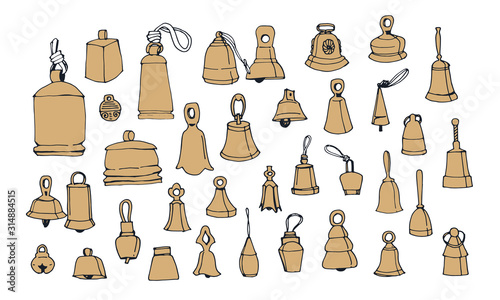 Collection with vintage bells on a white background. Hand drawn vector illustration.