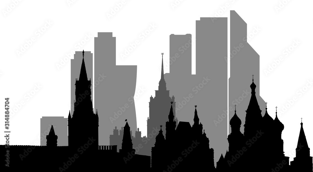 Silhouette illustration in black and white version of the hero city Moscow