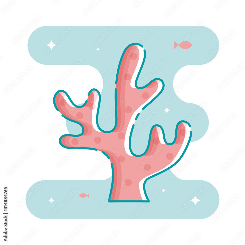 Coral with fish and stars in linear style. Coral with fish and stars in linear style.