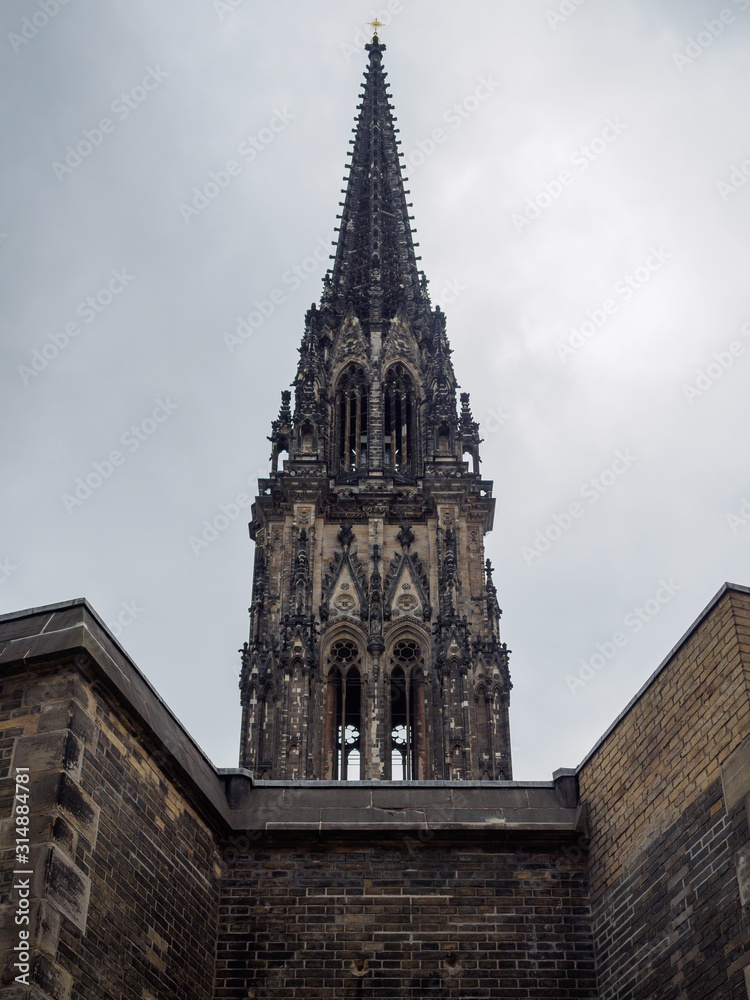 View of the famous St Nicholas Church and Memorial in the city of Hamburg, Germany