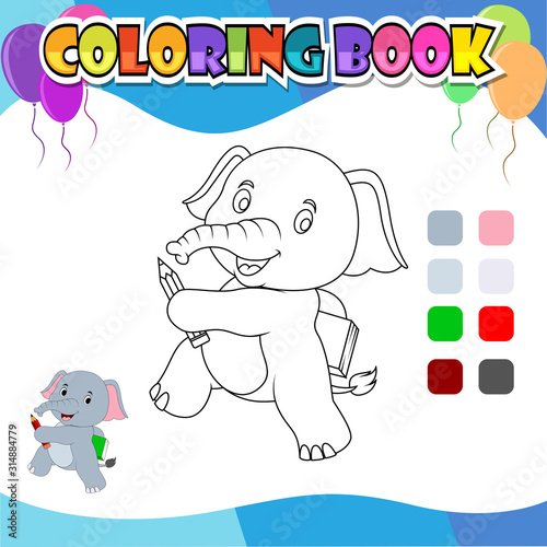coloring book elephant holding pencil and book