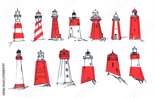 Set of lighthouses on a white background. Line sketch. Drawn vector illustration.