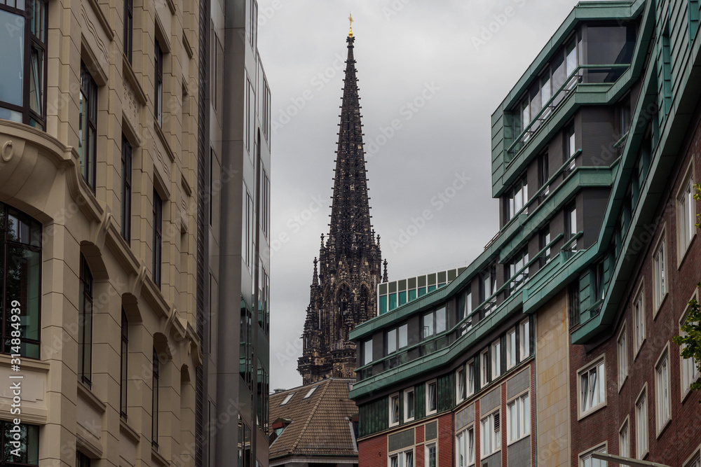 View of tower St. Nikolai church, Hamburg, Germany