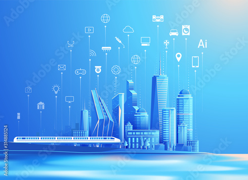 vector of smart city and internet of things flat design concept, urban landscape with smart services and things icons illustration.