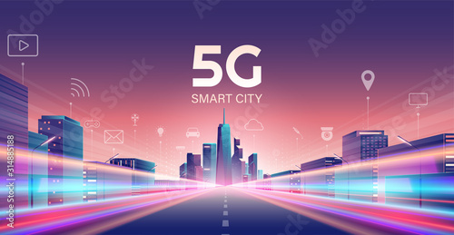 5G wireless network and smart city concept. night urban city with things and services icons connection, internet of things, 5G network wireless with high speed connection flat design. photo