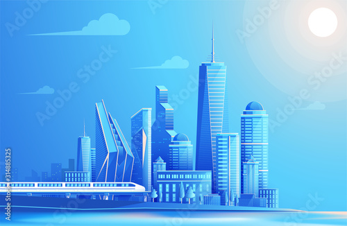 Urban landscape, City skyline and bridge. Daytime city scape in flat design. vector illustration