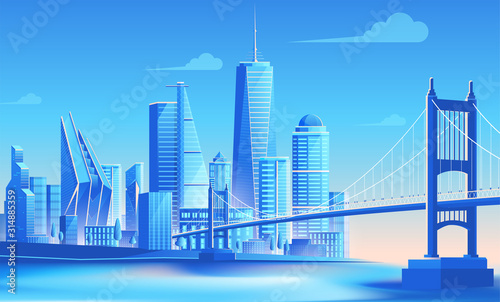 Urban landscape, City skyline and bridge. Daytime city scape in flat design. vector illustration