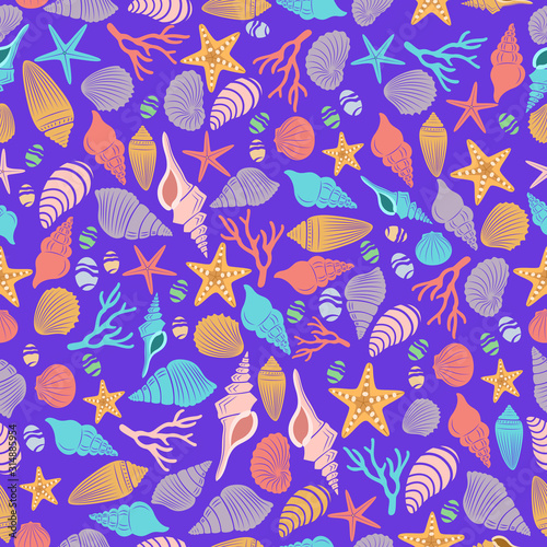 Sea life seamless pattern with blue background of illustration