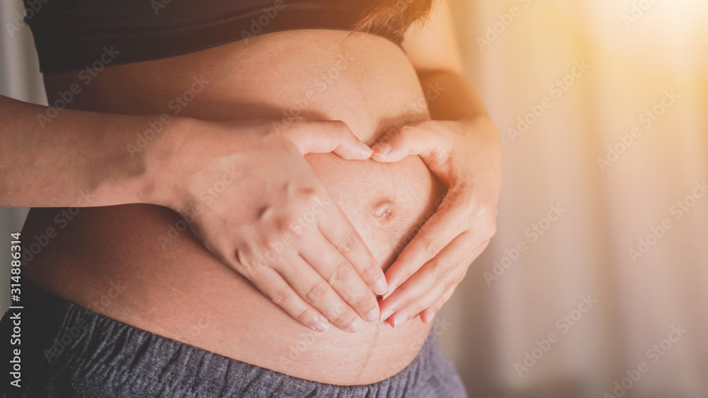 Portrait of young pregnant attractive woman, standing by the window,, Woman holding her hands on her swollen belly shaping a heart,Love concept. Horizontal with copy space. Portrait of young pregnant attractive woman, standing by the window,, Woman holding her hands on her swollen belly shaping a heart,Love concept. Horizontal with copy space.