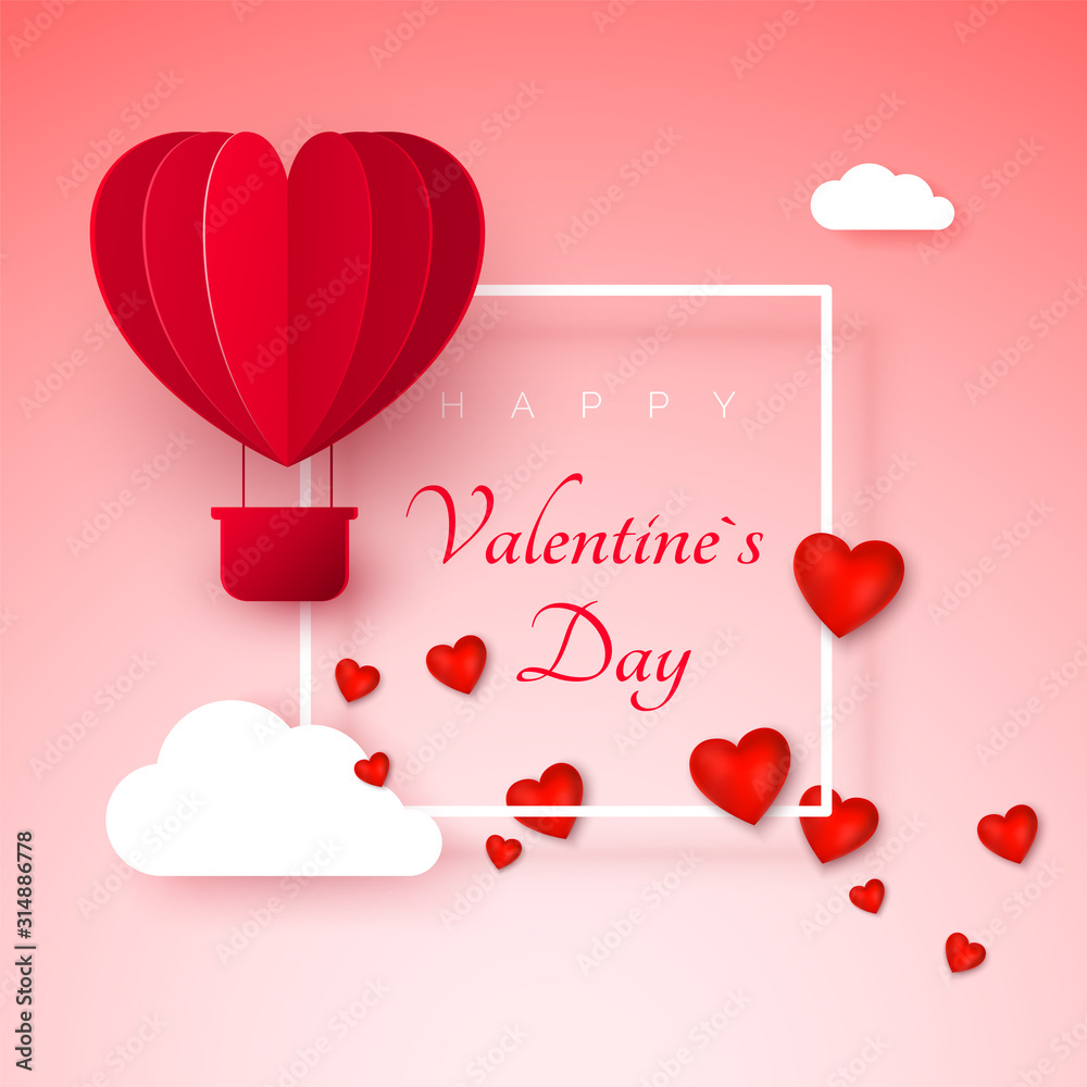 Valentine`s day greeting card with paper cut red heart shape balloon flying. Balloon flies and leaves a trail with hearts decorations. Happy Valentine day banner. Vector illustration