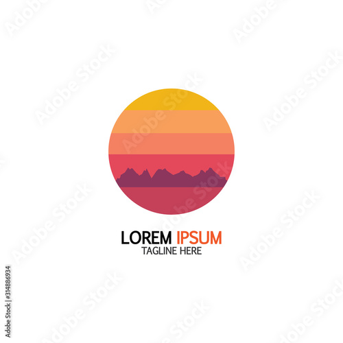 Isolated round sunset vector logo. Mountains silhouette. Minimalistic evening sky. © Sunar