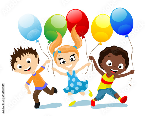 Happy children with balloons in their hands run on a white background.