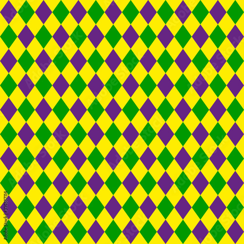 Green, purple, yellow grid Mardi Gras seamless vector pattern. Green, purple, yellow background for celebration