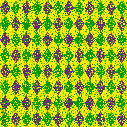 Green, purple, yellow grid Mardi Gras seamless vector pattern. Green, purple, yellow background for celebration