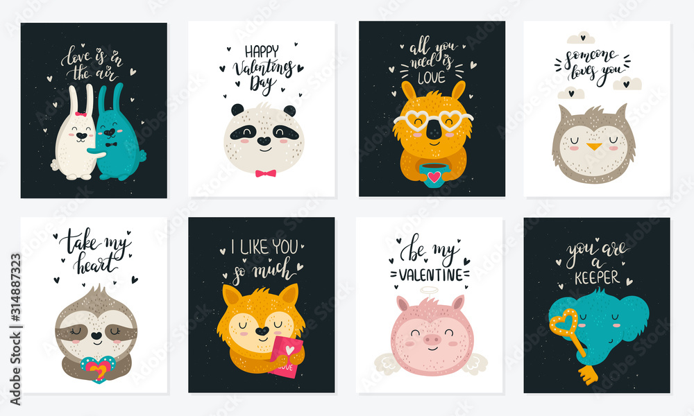 Fototapeta premium Valentine's day. Vector hand drawing poster collection with cute animals and slogans.