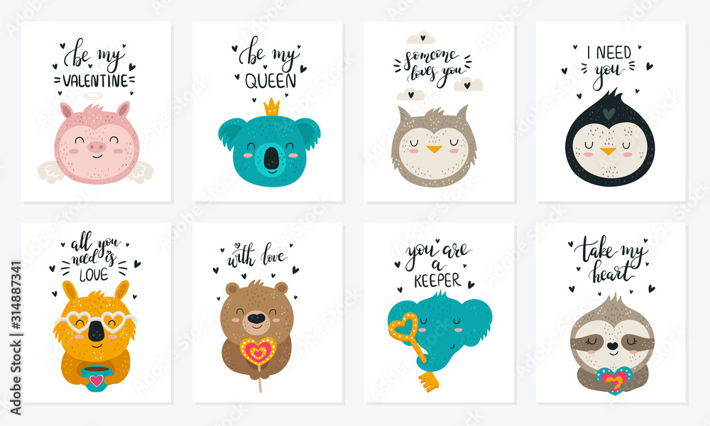 Valentine's day. Vector hand drawing poster collection with cute animals and slogans.