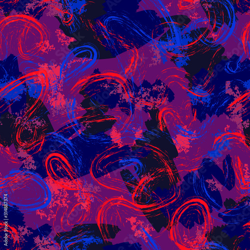 Vector abstract hand drawn brush strokes seamless pattern. Neon paint splashes, graffiti, ink grunge texture. Creative modern background. Urban street art style. Black, blue, red, purple colors