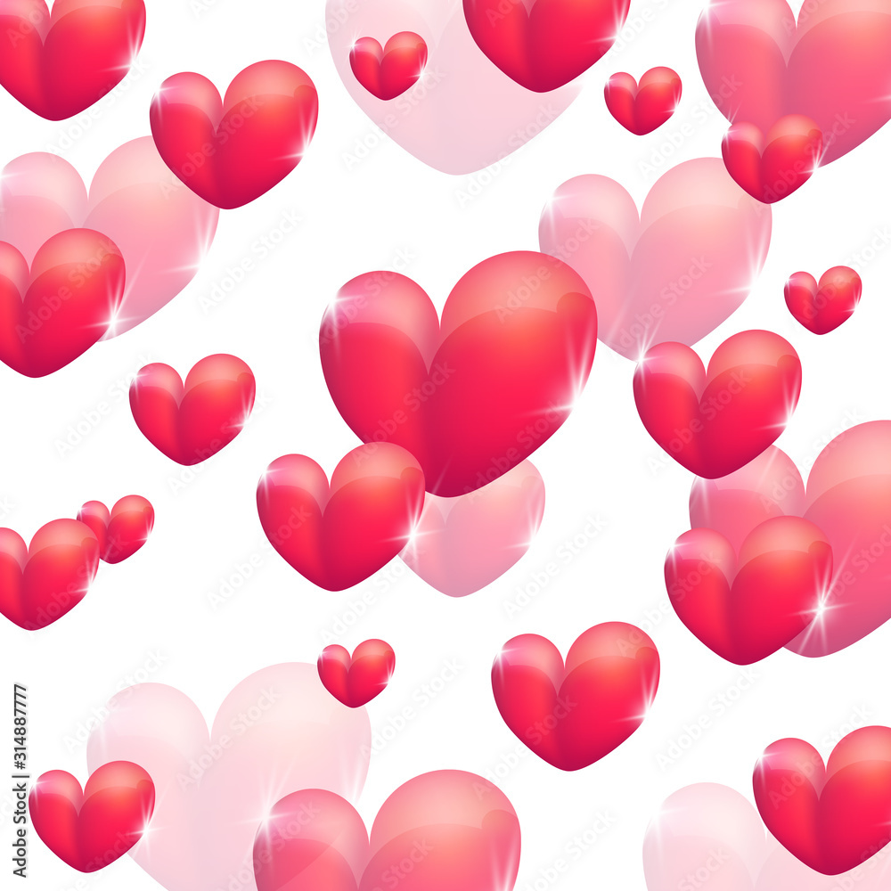 Happy Valentines day banner decorated 3d red hearts on white background. Vector illustration