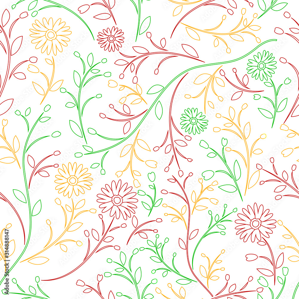 Nature seamless background with flowers and leaves of illustration