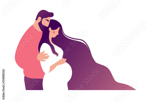 A man hugs a woman awaiting the birth of a child. Concept illustration about pregnancy, motherhood, family, parenthood. Dad hugs a young pregnant mom. Flat vector illustration