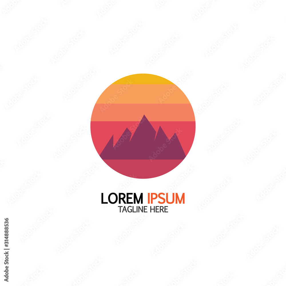 Obraz premium Isolated round sunset vector logo. Mountains silhouette. Minimalistic evening sky.