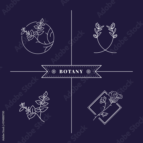 Abstract Flowers Vector Signs or Logo Templates Set. Retro Floral Illustration with Classy Typography. Feminine Logo. Modern Logo Template for florist, photographer, fashion blogger, design studio.