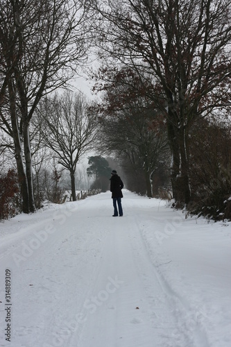 Spaziergänger im Schnee auf schneebedeckter Straße genießt die Winterlandschaft nach Wintereinbruch mit Schneechaos aber idyllischem Winterparadies © sunakri