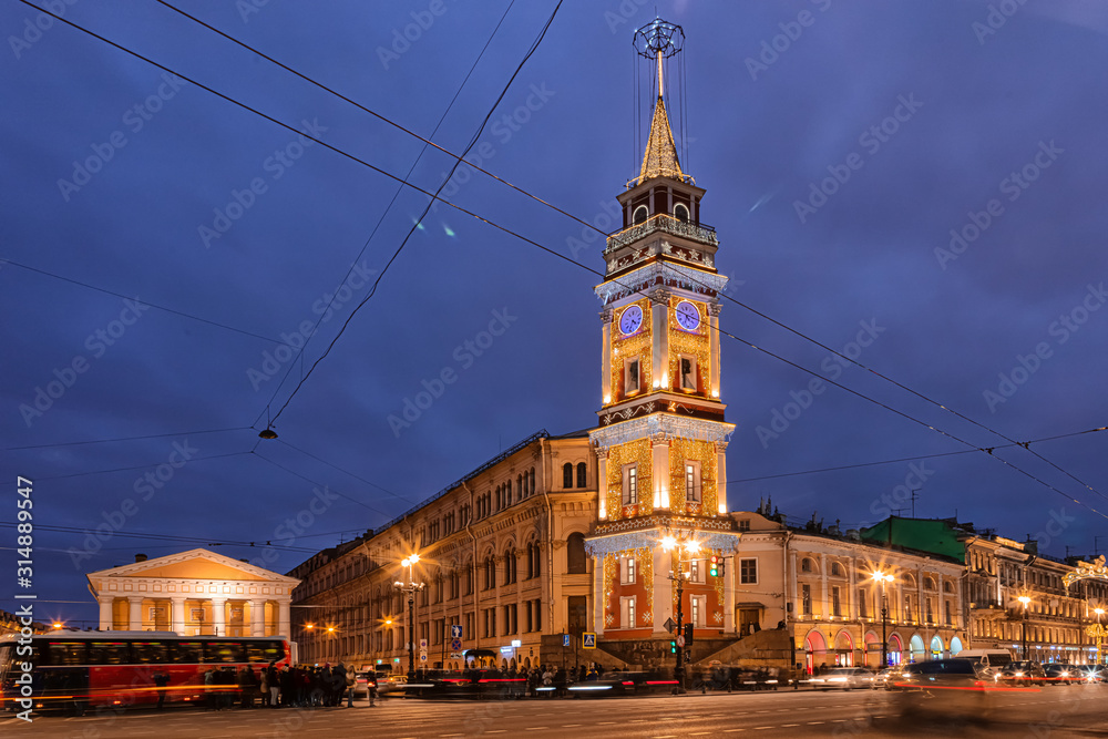 Nevsky Prospect in St. Petersburg. 2020 January. Photo of the highway.   Night photo of the city.