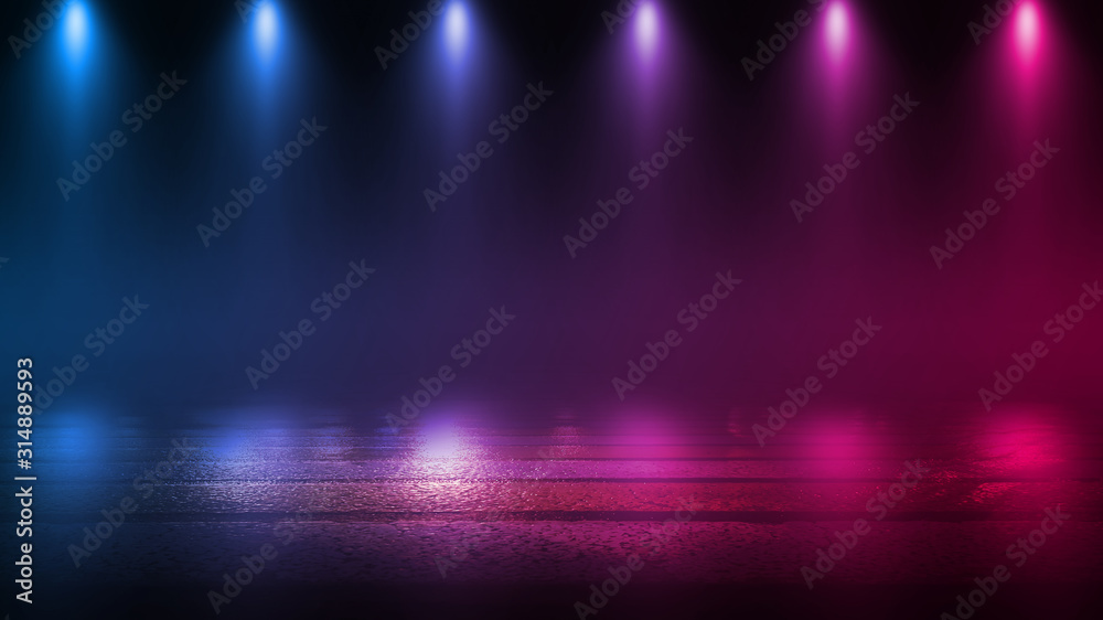 Empty dark abstract background. Empty street background. Glow of neon lights on an empty road. Night view of the city