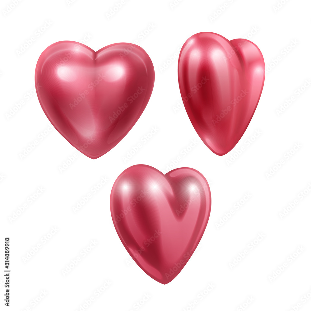 Red 3d hearts of pink color Valentines Day love symbol, happy celebration romantic greeting decoration realistic heart isoleted on white background vector illustration