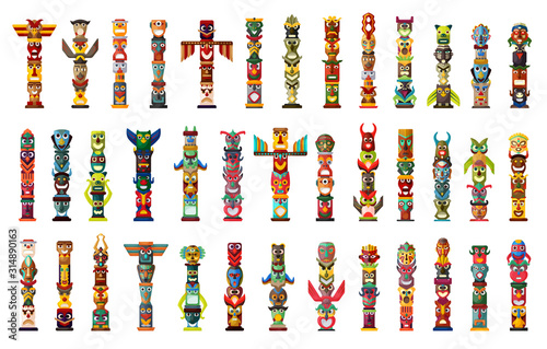 Fototapeta Totem vector cartoon set icon. Vector illustration set tribal mask. Isolated cartoon icon traditional totem on white background .
