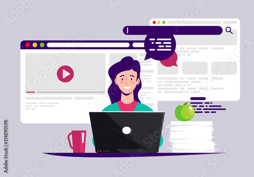 The girl is sitting at a laptop with open links in the Windows of the Internet browser, use the Internet