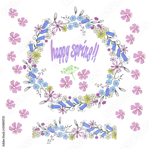 Round flower garland, brushes and patterns with spring flowers . For holiday design, advertising, greeting cards, posters, advertising and lettering.