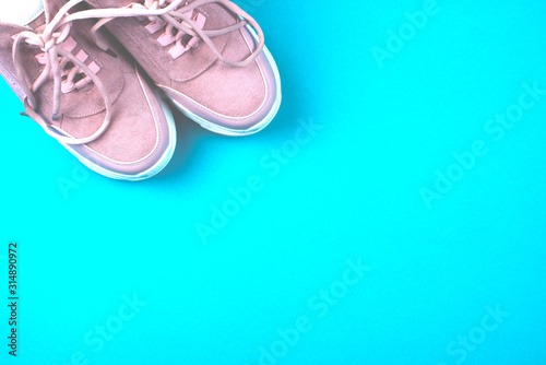 a pair of pink sneakers on a blue background