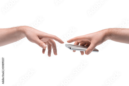 Two male hands passing one another a power bank on white background (ID: 314891337)