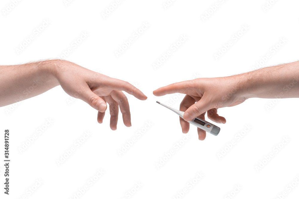 Two male hands passing one another medical electronic thermometer on white background Two male hands passing one another medical electronic thermometer on white background