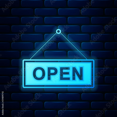 Glowing neon Hanging sign with text Open door icon isolated on brick wall background. Vector Illustration