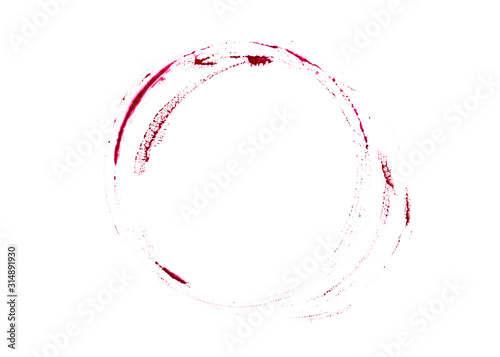 Round marks from a wine glass. Circles from a glass of wine. Round traces of red wine isolate on a white background.