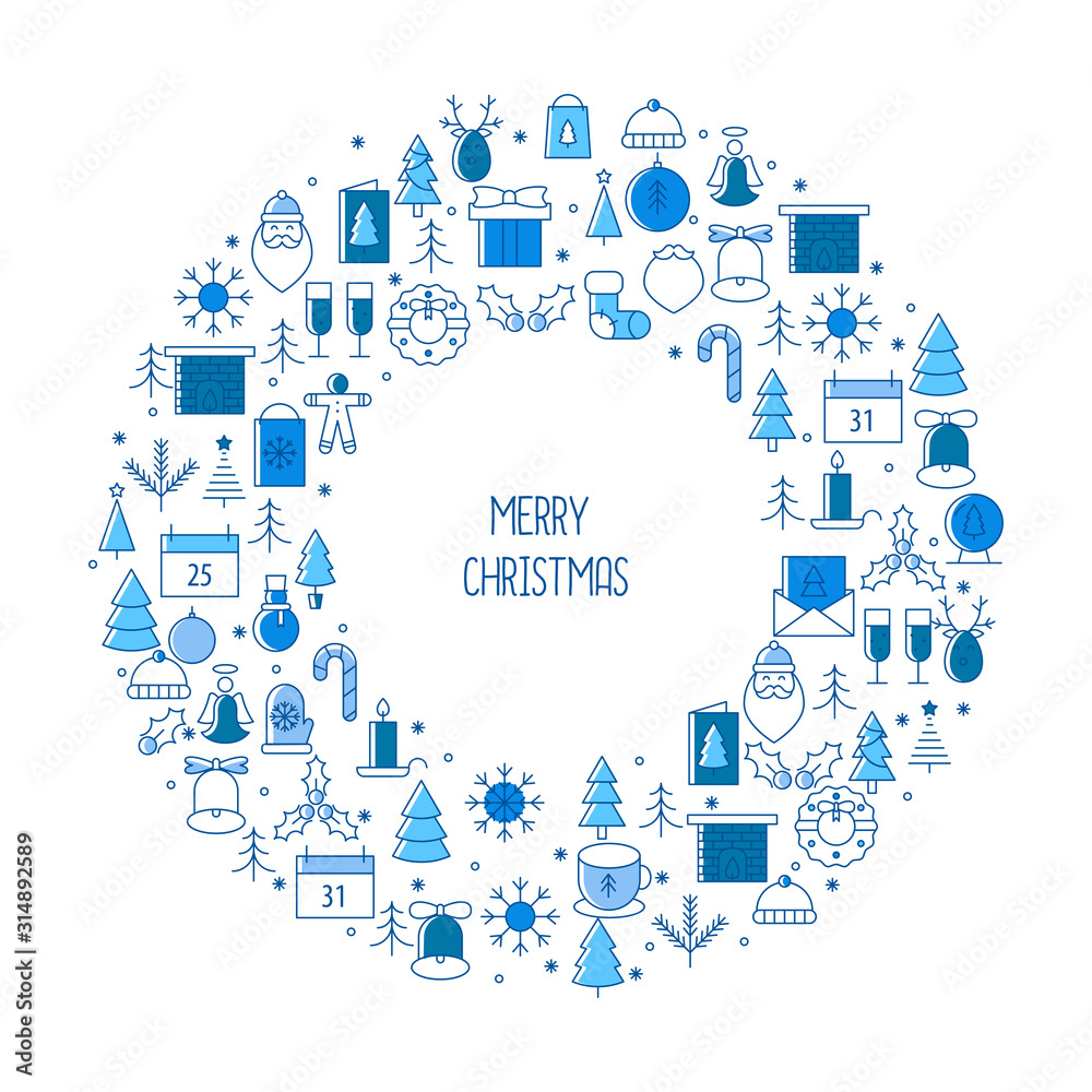 Christmas and New Year greeting card. Blue pallet. Thin line elements, vector illustration.